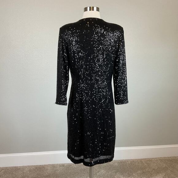 DKNY Black Sequined Long Sleeve Cocktail Dress Size 8 V-Neck Tuxedo Sheath - Picture 4 of 10